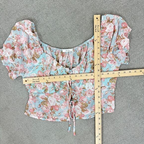 Active USA Sheer Floral Chiffon Tie Front Crop Blouse Blue Pink 1XL Puff Sleeve - Picture 13 of 15